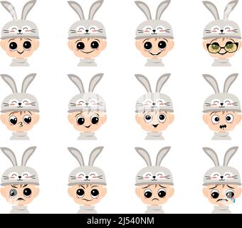 Set of boy avatar with big eyes and wide smile and different emotions in rabbit hat. Head of child with joyful face for holiday Easter, carnival costume for party. Vector flat illustration Stock Vector