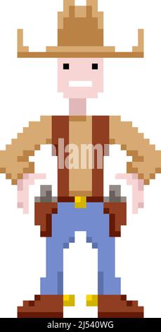 Pixel art cowboy holding a gun, vector illustration Stock Vector