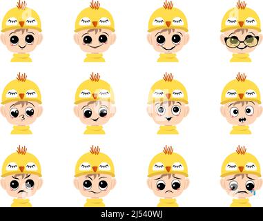 Set of boy avatar with big eyes and wide smile and different emotions in cute yellow chicken hat. Head of child with happy face for holiday Easter, carnival costume for party. Vector flat illustration Stock Vector