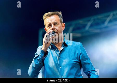 DJ Pat Sharp performing at a 1980s retro concert in Southend on Sea, Essex, UK Stock Photo