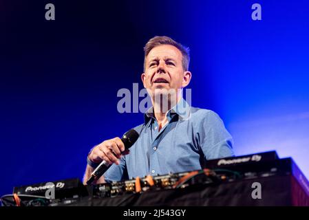 DJ Pat Sharp performing at a 1980s retro concert in Southend on Sea, Essex, UK Stock Photo