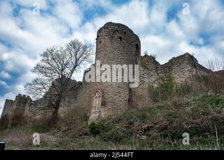 Ludlow Castle is a ruined medieval fortification built in the 11th century in Ludlow in the English county of Shropshire, overlooking the River Teme. Stock Photo