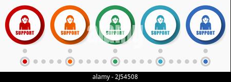 Support, customer service concept vector icon set, flat design colorful buttons, infographic template in 5 color options Stock Vector