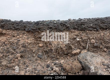 Exposed layers on old tarmac road. Erosion, climate change... Stock Photo