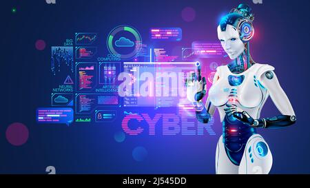 AI in image robot woman or female cyborg working on 3d holographic interface. Robotic lady with Beautiful face and cybernatic hand pressing button Stock Vector