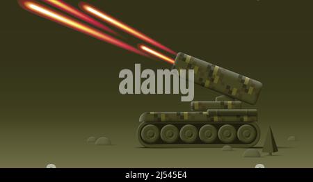 Missile tank fire rockets on the battle field, 3d modern vector illustration Stock Vector