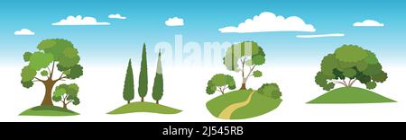flat set of groups of green trees on a blue sky Stock Vector