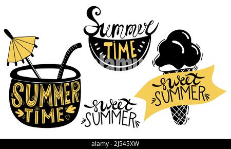 Summer time and sweet summer. Collection of vector summer decor. Cocktail, slice of watermelon and lettering ice cream. Isolated hand drawings and Stock Vector