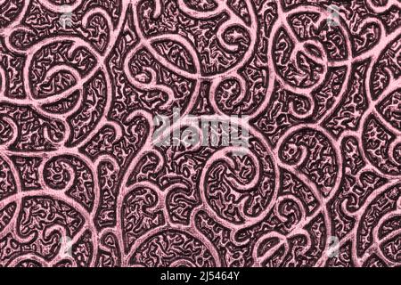 Metallic dark purple background with texture and wavy patterns. Lilac backdrop of shiny textile and fabric with curly ornate, macro. Stock Photo