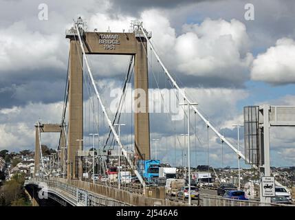 The Tamar Bridge, looking from the Plymouth side. The toll bridge crosses the River Tamar between Plymouth in Devon and Saltash in Cornwall. A busy co Stock Photo