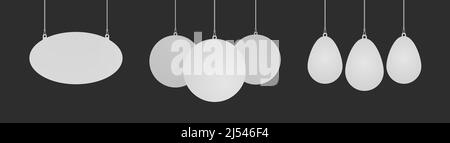 Set of circle, ellipse and egg shaped danglers hanging from ceiling realistic mockup. Mock up of advertising promotion pointer for supermarket sale an Stock Vector