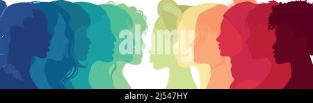 Communication group of multicultural diversity women and girls - face silhouette profile. Female social network community of diverse culture. Equality Stock Vector