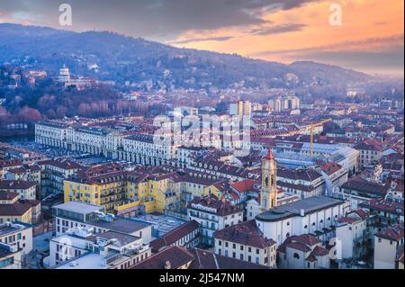Turin skyline, panoramic view, the city center in a clear winter afternoon. Torino, Piedmont. Stock Photo