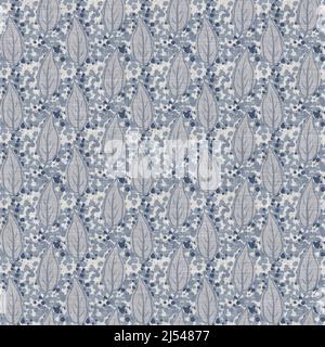 French blue botanical leaf linen seamless pattern with 2 tone country cottage style motif. Simple vintage rustic fabric textile effect. Primitive Stock Photo