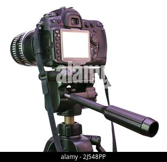 modern DSLR camera on tripod isolated on white background Stock Photo