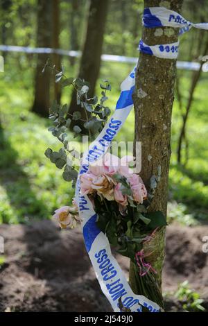 Crime Scene with flowers in the woods Stock Photo