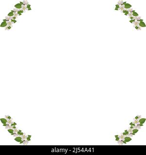 Frame of cherry or apple tree flowers. Spring blooming composition with buds and leaves. Festive decoration for wedding, holiday, postcard and design. Vector flat illustration Stock Vector