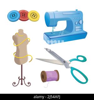 Dressmaker colorful doodle illustrations collection in vector. Colorful dressmaker icons collection. Sewing tools colorful doodle illustrations set. Stock Vector