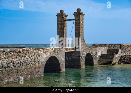 Puente de las Bolas, drawbridge in front of the fortress, Castillo de San Gabriel, Canary Islands, Lanzarote, Arrecife Stock Photo