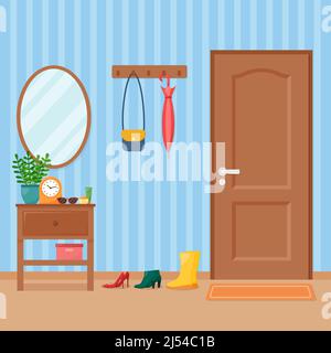 Home hallway interior with door, vector illustration Stock Vector