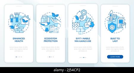 Advantages of sustainable architecture blue onboarding mobile app screen Stock Vector