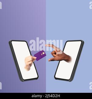 Hand In Smartphone Screen Giving Credit Card Over Blue Background Stock Photo