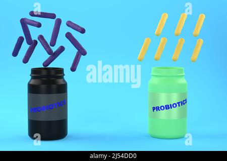 Probiotics concept. Different types of probiotics. Comparison. Black and green jars on a blue background with beneficial bacteria flying. 3D render Stock Photo