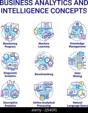 Business analytics and intelligence concept icons set Stock Vector