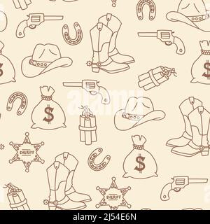 Cowboy Sheriff Wild West seamless vector pattern. Cowboy boots and hat, money bag, dynamite, sheriff star repeating background. Wild West design for Stock Vector