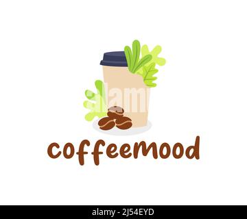 Coffee in a paper cup, coffee beans and vegetation, logo design. Food and drink, beverage, drinking and coffee house, vector design and illustration Stock Vector