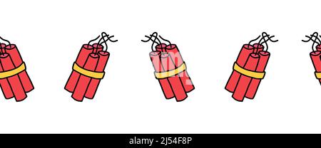 Dynamite stick icon isolated on white seamless border. Repeating background explosive red TNT bomb pattern cartoon style. Vector illustration for Stock Vector