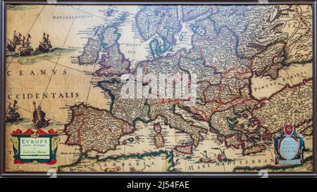 Medieval map of Europe in the Vytautas the Great War Museum, Kaunas, Lithuania 9 April 2022 Stock Photo