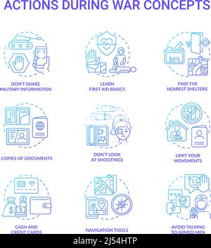 Action during war blue gradient concept icons set Stock Vector