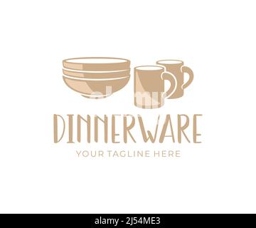 Dinnerware, tableware, cups and plates, logo design. Dishes, crockery, kitchen and cuisine, vector design and illustration Stock Vector