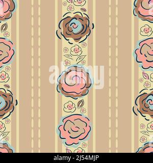 Striped peony blossom and leaves vector seamless pattern background. Cottage flower backdrop with vertical stitch stripes. Hand drawn line art Stock Vector