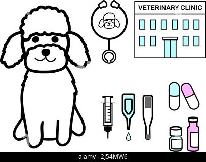 A toy poodle with  icon set: syringe, drops, thermometer, medicines, stethoscope, and veterinary clinic Stock Photo