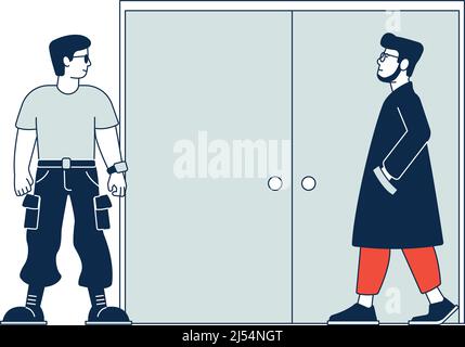Men standing in front of closed door. Waiting characters Stock Vector