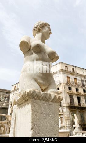 Part of Praetorian Fountain and Palace and San Giuseppe dei Teatini church on so called Square of Shame in Palermo city, Sicily Island, Italy