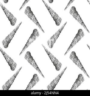 Seamless pattern of seashells. Marine background. Hand drawn vector illustration in black and white colors. For invitations, cards, posters, print, ba Stock Vector