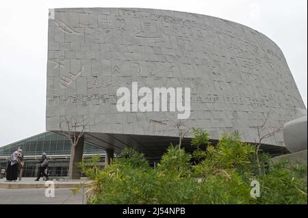 (220420) -- CAIRO, April 20, 2022 (Xinhua) -- Photo shows a view of the exterior of the Bibliotheca Alexandrina in Alexandria, Egypt on April 18, 2022. Bibliotheca Alexandrina, a massive unique library and cultural symbol of the Egyptian Mediterranean coastal city of Alexandria which was founded by King Alexander the Great some 2,300 years ago, features a disc-shaped exterior and 11 internal levels, all under one glistening, tilting roof. The iconic library was inaugurated in 2002 as a revival of the original ancient Library of Alexandria, which was one of the largest and most significant l Stock Photo