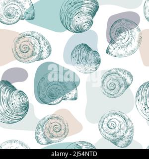 Seamless pattern of color seashells. Marine background. Hand drawn vector illustration in trendy colors. For invitations, cards, posters, print, banne Stock Vector