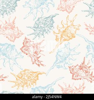 Seamless pattern of color seashells. Marine background. Hand drawn vector illustration in trendy colors. For invitations, cards, posters, print, banne Stock Vector
