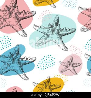 Seamless pattern of starfish. Marine background. Hand drawn vector illustration in trendy colors. For invitations, cards, posters, print, banners, adv Stock Vector