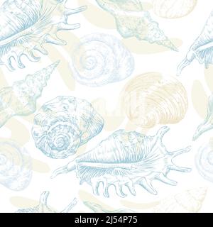 Seamless pattern of color seashells. Marine background. Hand drawn vector illustration in trendy colors. For invitations, cards, posters, print, banne Stock Vector