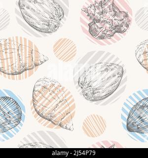 Seamless pattern of color seashells. Marine background. Hand drawn vector illustration in trendy colors. For invitations, cards, posters, print, banne Stock Vector