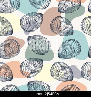 Seamless pattern of color seashells. Marine background. Hand drawn vector illustration in trendy colors. For invitations, cards, posters, print, banne Stock Vector