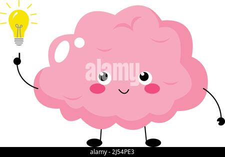 illustration of pink cartoon brain near light bulb, idea concept,stock image Stock Vector