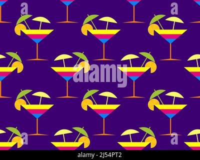 Seamless pattern with cocktail with umbrellas in pop art style. Alcoholic cocktails with umbrellas and orange slice. Design for bar menus, advertising Stock Vector