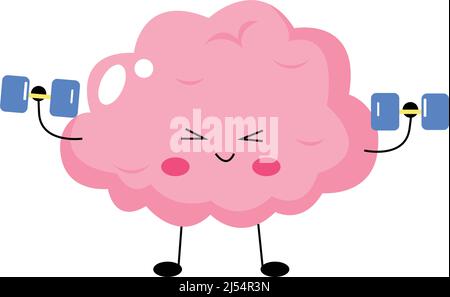 illustration of pink cartoon brain exercising with dumbbells,stock image Stock Vector