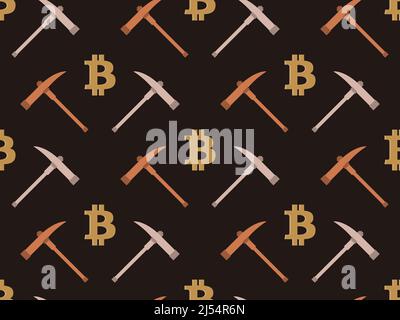 Bitcoin seamless patten. Pickaxe for bitcoin mining. Cryptocurrency, blockchain. design for banners, posters and promotional products.Vector illustrat Stock Vector